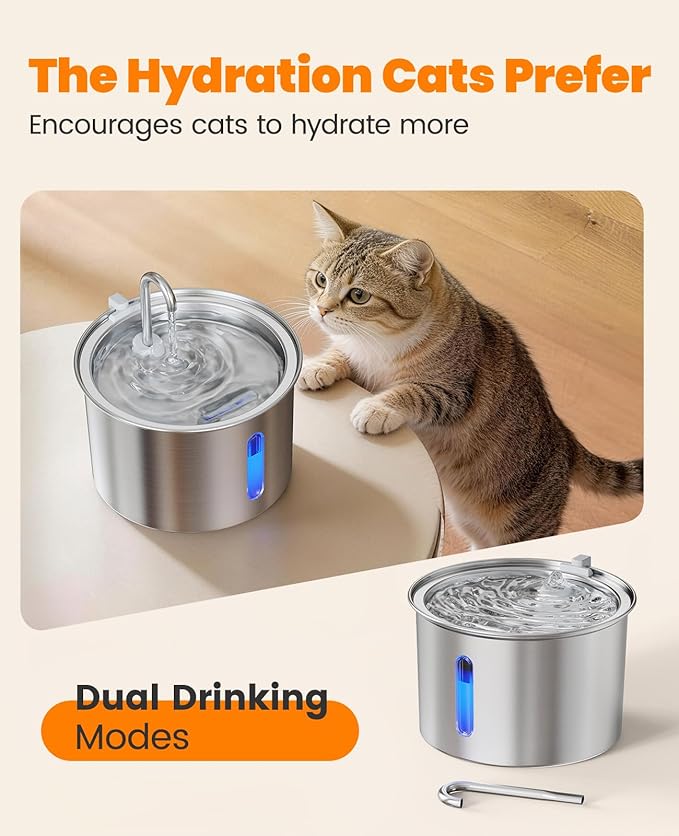 oneisall Stainless Steel Cat Water Fountain, 2L Water Fountains for Cats Indoor with Quiet Pump and 2 Replacement Filters, Pet Water Fountain Faucet Spout Design Cat Fountain Drinking Inside, PWF 001