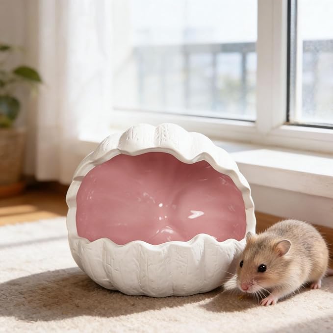 Ceramic Hamster Nest Habitat Hideaway Cooling Pet House Decorative Nest for Gerbil Mice Hedgehog Chinchilla Dwarf, Pink