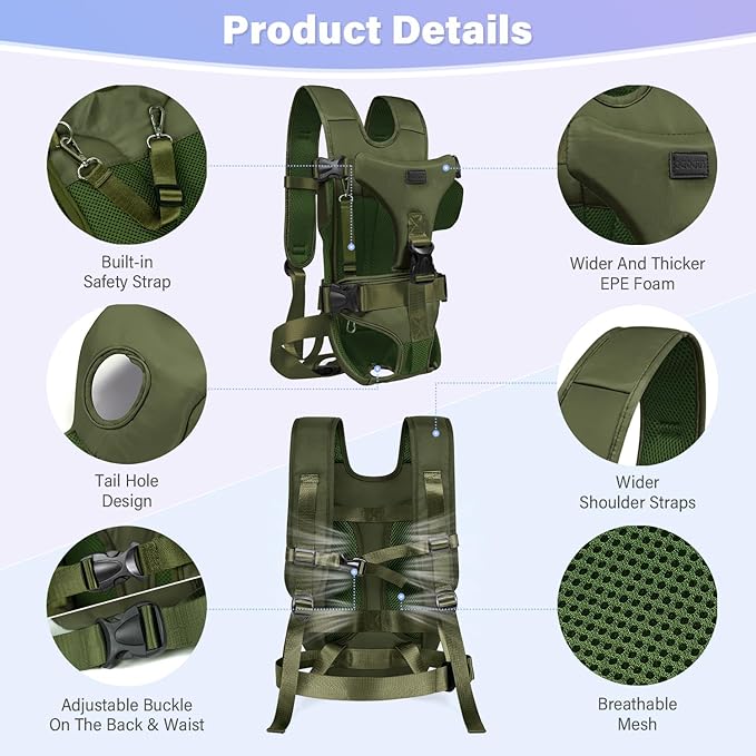 YUDODO Front Pet Carrier Backpack for Small Dogs and Cats, Secure and Breathable Mesh, Ergonomic Support, Adjustable for Walking, Hiking, or Travel (Army Green M)