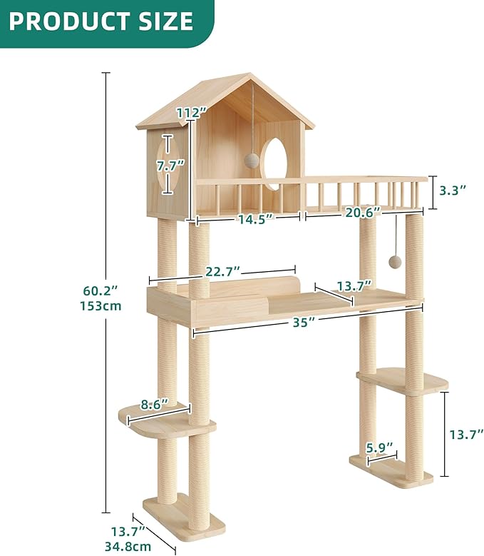 Wood Cat Tower for Automatic Litter Box, 60"H Cat Tree with Scratching Post, Multi-Level Solid Wood Cat Tree for Indoor Large Cats, Tall Cats Scratching Post Furniture w/Cats House, Burlywood