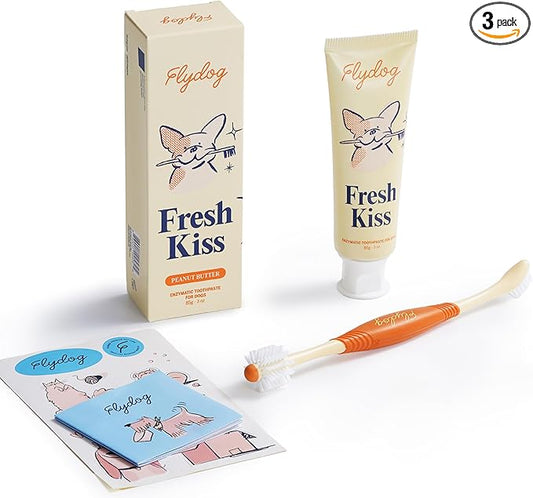 Flydog Fresh Kiss Dog Tooth Brushing Kit, Enzymatic Dog Toothbrush and Toothpaste- Vet Approved Formula, Breath Freshener & Tartar Remover, 360° Toothbrush for All Round Cleaning (Peanut Butter)