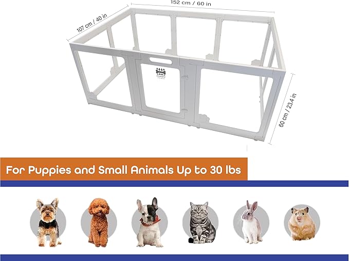 Furry Fence Clear Pet Playpen with Floor Pad, 60L x 40W x 24H inches, 9 Panels, Easy No-Tool Assembly, White