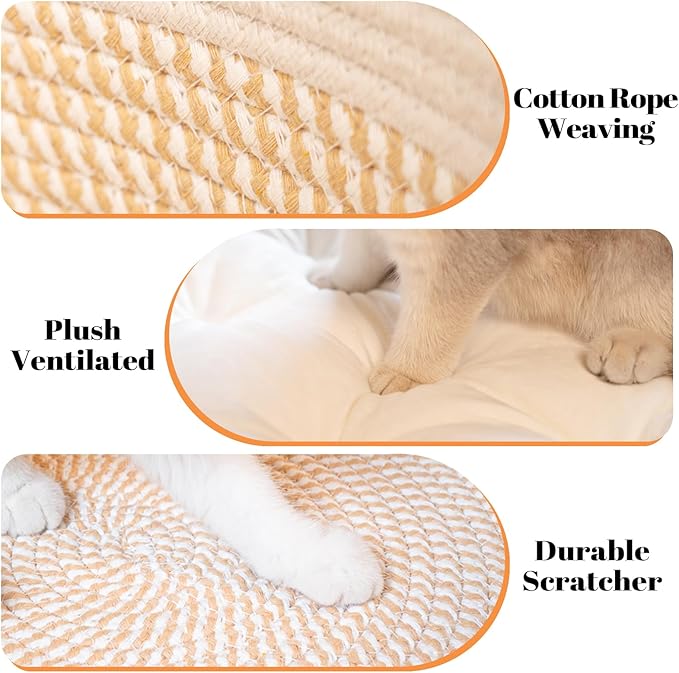 CHEERHOME PETS Cat Bed Basket with Cushion, Cotton Rope Woven Pet Bed for Indoor Cats Couch, Stimulicat Cat Bed Handwoven Breathable, All Season Universal (White)