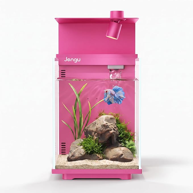 2.1 Gal Betta Fish Tank, Ultra Clear Glass Desktop Aquarium Starter Kit | Hidden Back Filter, Quiet Pump, LED Light, All-in-One Nano Aquarium for Desk, HotPink
