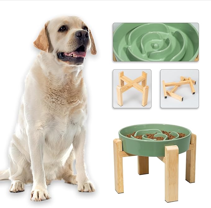 Elevated Slow Feeder Dog Bowl Large Breed, 8.8 Inch Ceramic Slow Eating Bowl with Bamboo Stand, Anti-Choking Raised Maze Design for Medium to Large Dogs, 3.2 Cup, Green