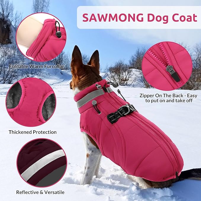 SAWMONG Dog Coat, Warm Dog Winter Coat, Waterproof Fleece Jacket, Cold Weather Dogs Jacket (XL,Rosered)