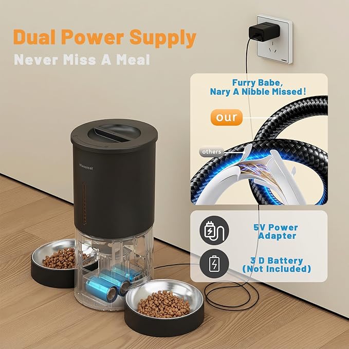 Miaosical Automatic Cat Feeder 2 Cats,2.4G WiFi Timed Auto Cat Food Dispenser with Dual Bowls,4.2L Smart App Control,Equal Portion Feeding for Multiple Cats (Black, 4.2L WiFi Dual Bowl)