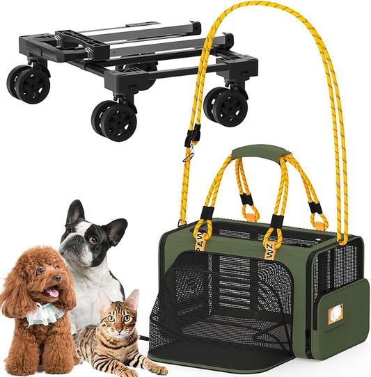 PAWZIDEA Expandable Pet Carrier with Wheels, 18"x11"x11" TSA Airline Approved Cat Carrier for 2 Cats Under Seat, Collapsible Soft-Sided Small Dog Rolling Travel Bag with Telescopic Handle, Up to 18lbs