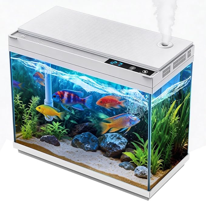 Smart Aquarium Fish Tank with Silent Water Pump, 2.4 Gallon Small Aquarium with Quick Start Kit, Temperature Display, Humidifier and RGB Lights, Perfect for Home, Office, and Decor, White