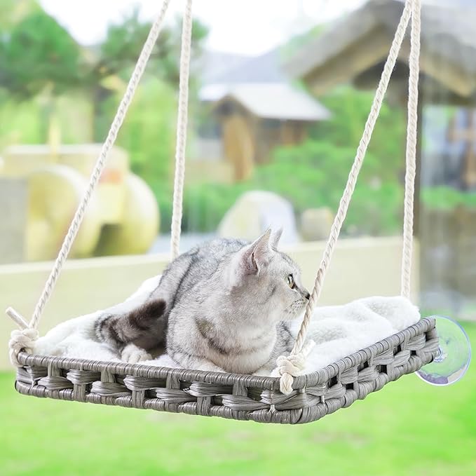 SETVSON Cat Window Perch, Cat Window Hammock Bed for Indoor Cats, Large Handwoven PE Rattan Window Seat, 4 Suction Cups, Double Sided Washable Cushion Bed, 2.3 Inch Fence Shelf, for Pet Kittens Gray