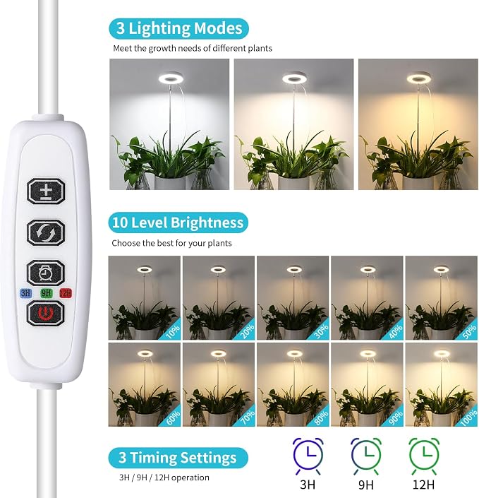 Halo Ring Grow Lights for Small Indoor Plants, Warm+White 96LEDs Full Spectrum Plant Light, Height Adjustable with Adapter, 3/9/12H Timer, 3 Spectral Modes, 10 Dimmable Levels, Angel Ring 2 Pack
