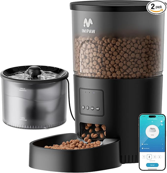 IMIPAW Automatic Cat Feeder 5G WiFi and Water Dispenser, Timed Dry Food Dispenser APP Remote Control, Programmable Portions, with Desiccant, Cat Fountains for Drinking with Filter, Small Pets (Combo)