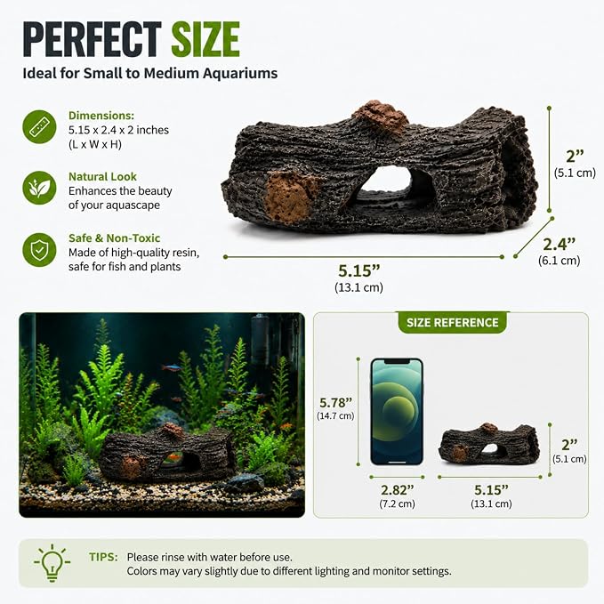 Aquarium Driftwood Decoration, Fish Tank Hiding Cave, Betta Fish Hideout | Resin driftwood decoration, small aquarium accessory, includes 6 soft and safe artificial aquatic plants