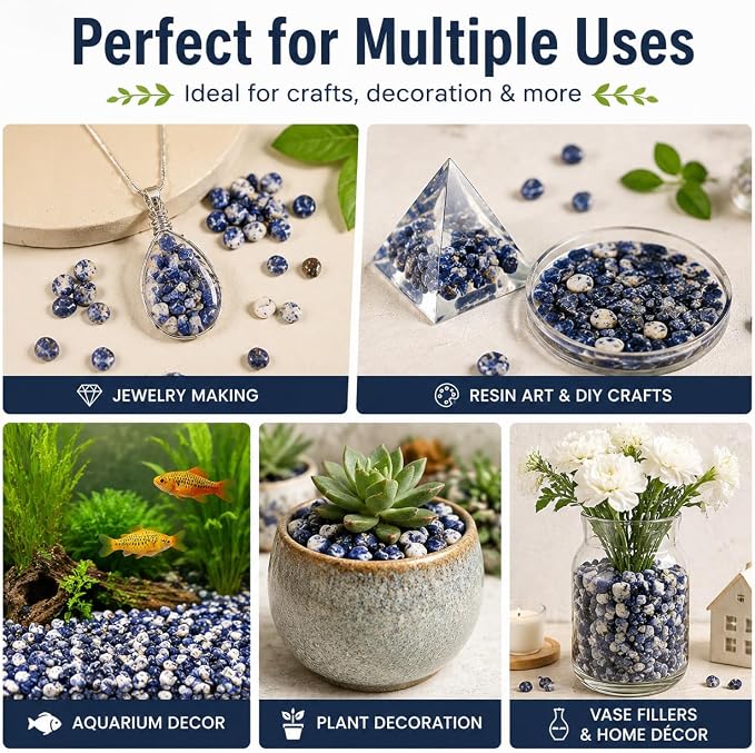 Natural Sodalite Crystal Chips Bulk 2lbs (1200+ Pieces), 8-15mm Blue Polished Gemstone Chips for Jewelry Making, Aquarium Gravel, Succulent Plant Decor & DIY Crafts
