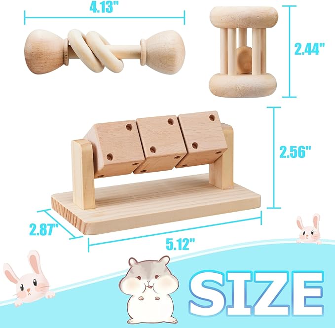 AOWPFVV 3 Pcs Wooden Hamster Enrichment Toys, Guinea Pig Chew Toys for Syrian & Dwarf Hamsters,Rabbits, Gerbils, Rats, Chinchillas, Small Animals Playing Teeth Grinding Indoor Outdoor