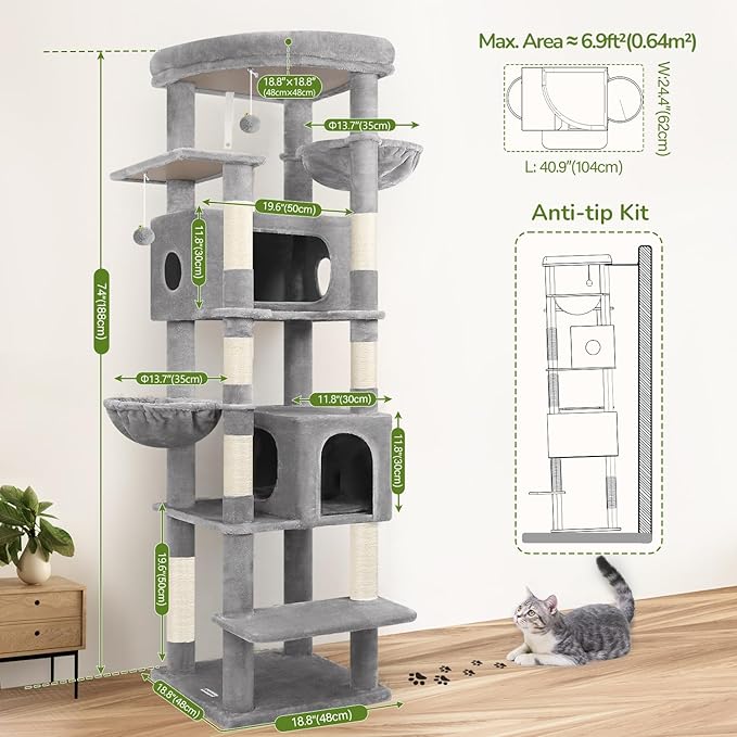 Globlazer Heavy Duty Cat Tree, 74in Sturdy Cat Tower for Large Cats Adult, Big Cat Tree with 7 Sisal Scratching Posts, 2 Padded Condos, 2 Dual-Ear Hanging Baskets, Enlarged Top Perch, S74, Light Grey