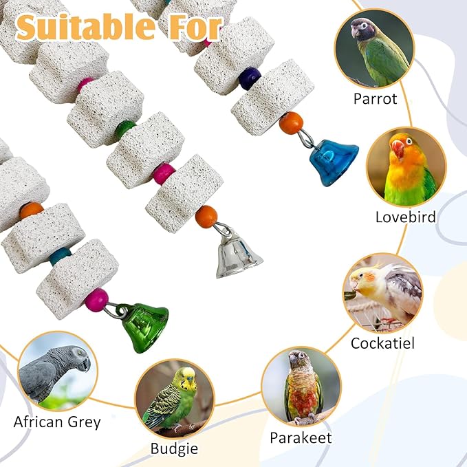 PINVNBY 3 Pack Bird Chewing Toy Lava Calcium Bird Beak Grinding Stone with Bell Hanging Parakeet Cage Accessories for Parrots Budgies Cockatiels African Grey (7 Block Per String)