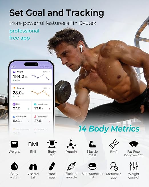 Ovutek Smart Body Fat Scale, High Accurate Digital Bathroom Scale with 13 Body Composition Metrics Including BMI, Muscle Mass, Most Accurate to 0.05lb with Fitness App, White
