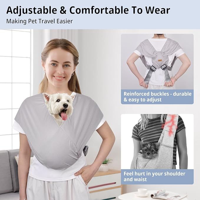CUBY Swaddle Dog Sling Carrier for Small Dogs, Front Pet Sling Carrier Chest,Hands Free Adjustable Cat Sling Carrier Soft Cotton Reducing Pain Puppy Sling Carrier for Small Pet Up to 10lb (Light Gray)