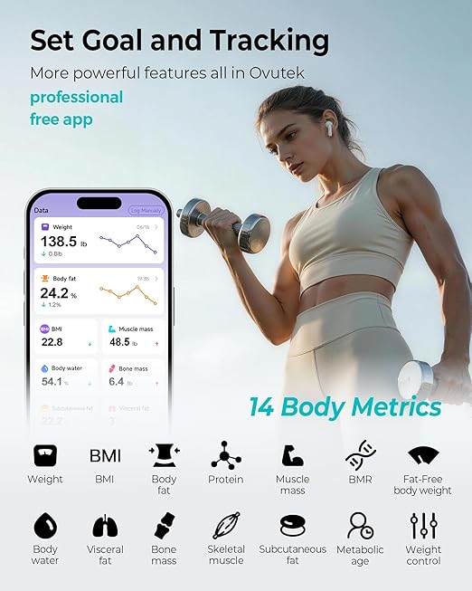 Ovutek Smart Body Fat Scale with 14 Body Composition Metrics Including BMI, Muscle Mass, Weight Bathroom Scale with Color-Changing, Fitness App - Flash White