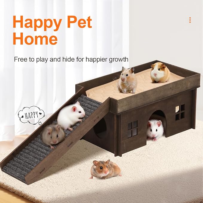 Large Bunny House with Stair, Wooden Bunny Castle Rabbit Hideout, Chinchilla and Guinea Pigs Hut Hideouts, Sturdy Rabbit Cage Hamster Hideout Bed Hutch（Excluding String Lights）