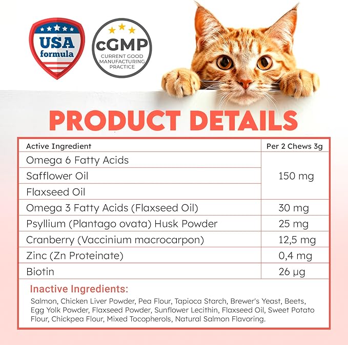Cat Hairball Remedy Treats - 200 Chews - Cat Hair Ball - Supports Digestion, Skin & Coat Health - Hairball Control for Kitty - Helps to Prevent Furball - Salmon Flavor