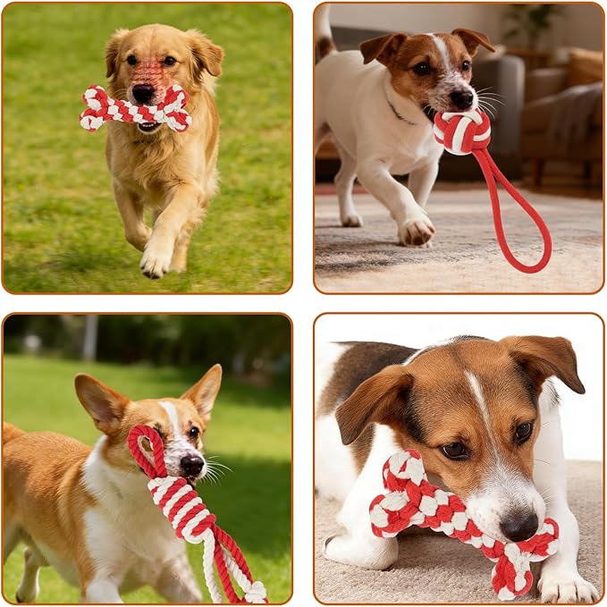 3 Pack Cotton Rope Dog Toy Set, Indestructible Chew Toys for Aggressive Chewers, Puppy Teething Toys with Bone, Human & Rope Dog Ball Designs for Boredom Relief & Tug of War， Red-White