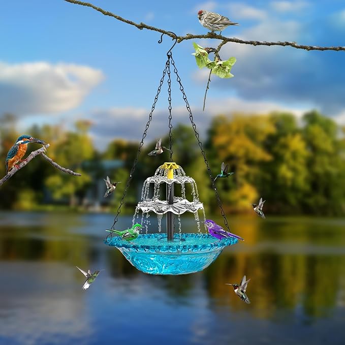 Hanging Bird Bath with Solar Fountain - 3 Layers Cascading Bird Bath Fountains | with Solar Pump & Bowl, Bird Baths for Hummingbirds, Garden Patio Backyard Lawn Decor
