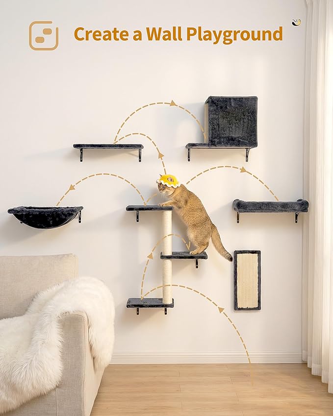 Aechonow Heavy Duty Cat Wall Shelves for Large Cats, 6-in-1 Cat Furniture Set with 17" × 11.9" Large Perch Bed and Hammock, Cat Climbing Wall Systems with Vertical Cat Scratcher