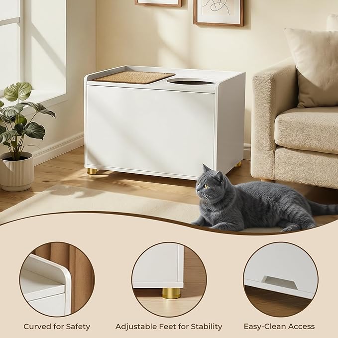 Amunrbrek Top Entry Litter Box Enclosure, Flip Top Cat Litter Box Furniture with Scratch Mat, Stylish Hidden Cat Washroom for Large Cats (White)
