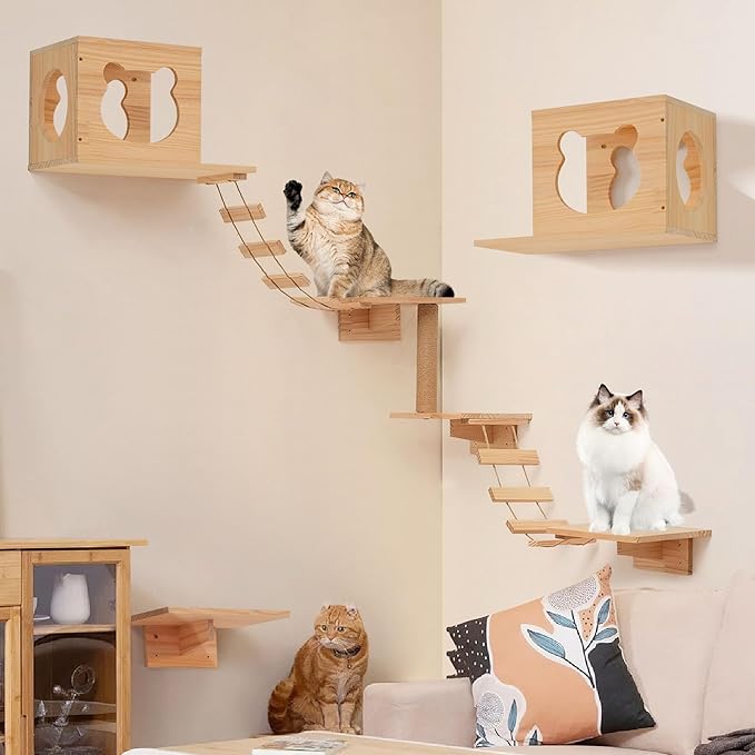 PETKABOO Cat Wall Shelves and Perches, Pine Wooden Cat Wall Furniture Climbing Shelves with Climber, Condo, Scratching Post, Ladder & Platform