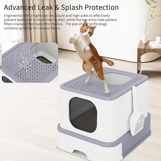 RIZZARI Stainless Steel Cat Box: Large Gray Enclosed Design Litter Pan - High-Edged & Teflon Coating - for Superior Odor Control & Easy-Clean Drawer - Ideal for Multi-Cat Homes Garage