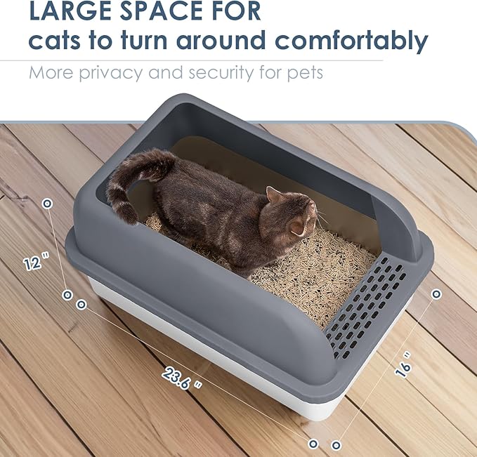 Suzzipaws Enclosed Stainless Steel Cat Litter Box with Lid Extra Large Litter Box for Big Cats XL Metal Litter Pan Tray with High Wall Sides Enclosure, Non-Sticky, Anti-Leakage (Grey)