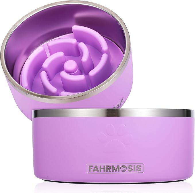FAHRMOSIS 64 OZ Dog Bowl with Slow Feeder Insert Stainless Steel Pet Water Bowl for Medium & Large Breed Non Slip Rubber Base & Plastic Puzzle Feeder - Lavender