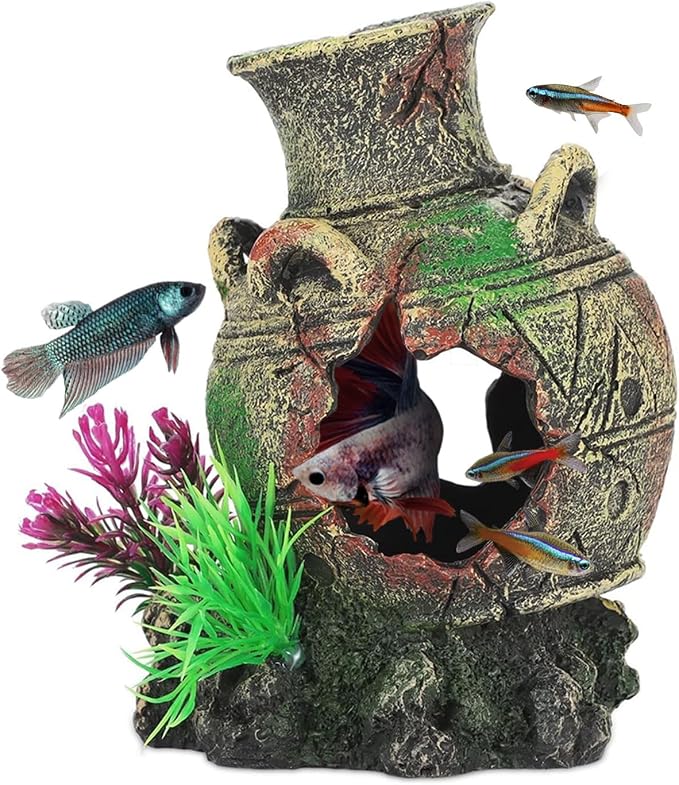 Aquarium Decorations Big Cave Fish Tank Large Vase Jar Jug Sunken Ornament Landscaping Rocks Saltwater Freshwater Small & Medium Fish Garden Pond Ornaments Resin