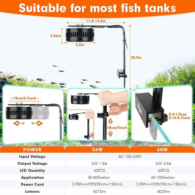 AQQA Aquarium Clip-On Stream Light with Controller, LED Fish Tank Light | with 3 Modes (White/RGB/Full Spectrum), Timer & 6 Brightness Levels, Adjustable Clamp for Freshwater Plants Fish Tanks 35W