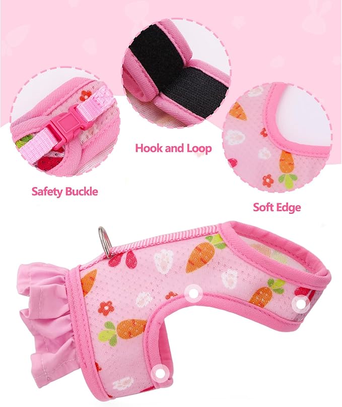 Rabbit Leash and Harness Set Escape Proof, Bunny Vest Hamster Leash Set Cute Floral Mesh Eescape ProofWalking Training for Small Animal Pets Rat Squirrel Ferret Guinea Pig Bunny, Pink L