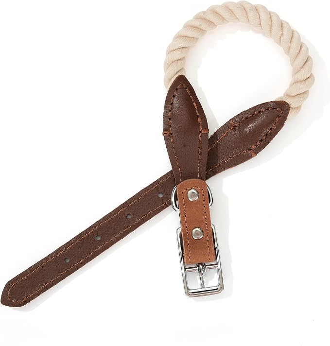 Mile High Life Genuine Leather Dog Collar, Durable Braided Cotton Rope Collar with Metal Pin Buckle for Small Medium Large Dogs (Beige, M Neck 15"-18")