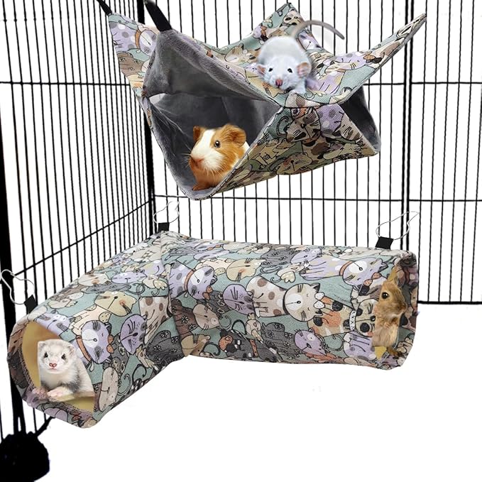 Guinea Pig Rat Corner Tunnel & Tubes Ferret Bunkbed Hammock, Guinea Pig Hideout for Hedgehog Piggy Hamster Hide, Small Animal Pet Toys and Cage Accessories (1.Hammock+hunnel)