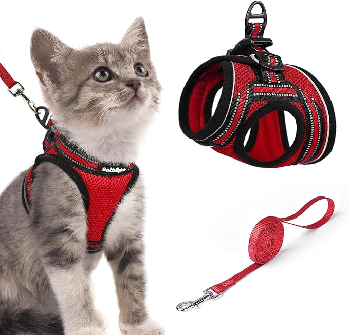 rabbitgoo Cat Harness and Leash Set for Walking Escape Proof, Adjustable Soft Kittens Vest with Reflective Strip for Cats, Comfortable Outdoor Vest, Red, S
