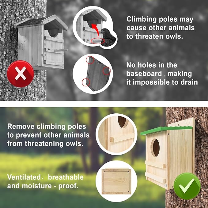 Screech Owl House, Owl Bird Box Large Handmade Wooden Circular Opening Screech Box for Outside with Mounting Screws and A Bag of Wood Shavings, Easy Assembly Required (Green, 9" x 14.5")