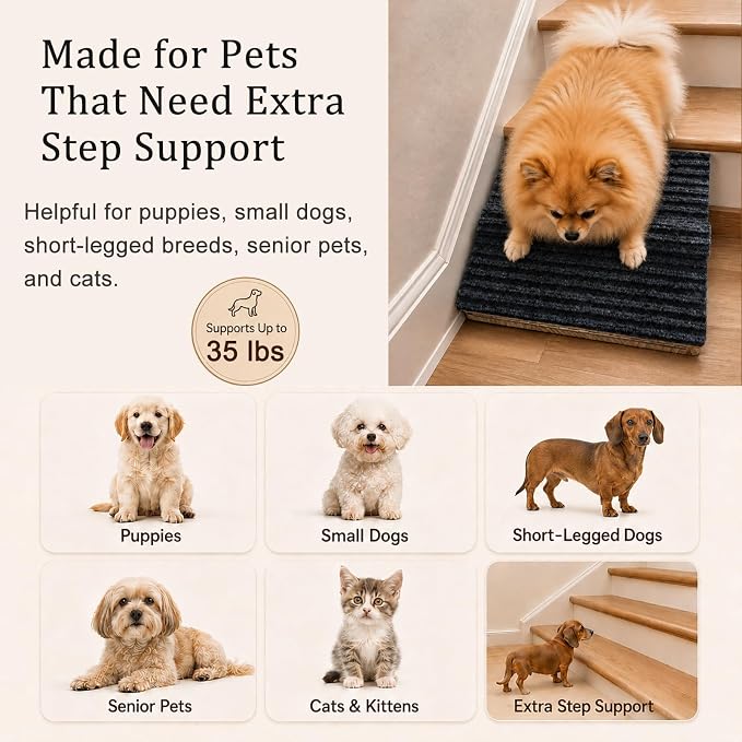 4 Pack Dog Ramp for Stairs – Solid Wood Adjustable & Foldable, 4 Heights, Non-Slip Silicone Base, Traction Felt, Raised Pause Strip, 35lb for Small & Senior Dogs