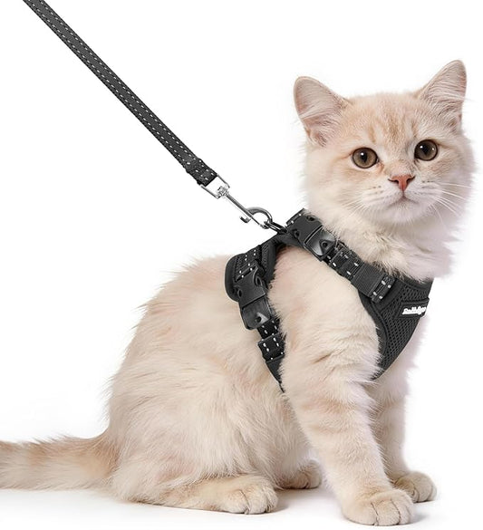 rabbitgoo Cat Harness and Leash, Escape Proof Vest with 3 Adjustable Buckles, Soft Comfortable Kitten Harness, Easy to Wear, Reflective for Safe Outdoor Walking, XS, Black