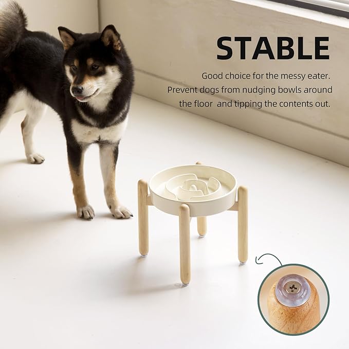 Havniva Ceramic 1.6 Cup Raised Slow Feeder Dog Bowl Set, Elevated Wooden Stand for Medium and Large Dog, 8.2inch Puzzle Slow Dish, Anti-Gulping(Light Yellow, Single Bowl+ Stand)