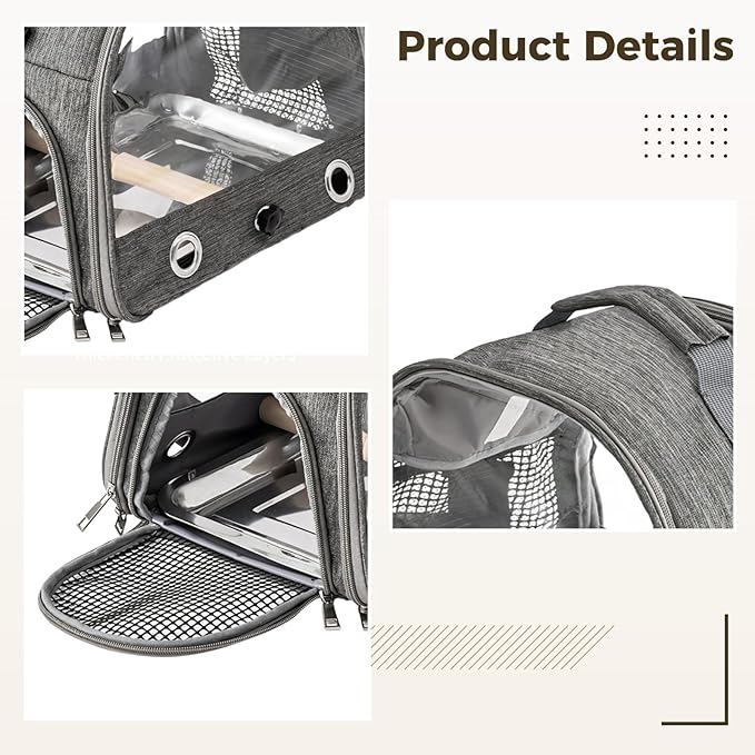 BOSREROY Backpack Pet Carrier, Airline Approved Parrot Transport with Transparent Mesh, Adjustable Shoulder Strap, and Stainless Steel Tray for Smaller Pets