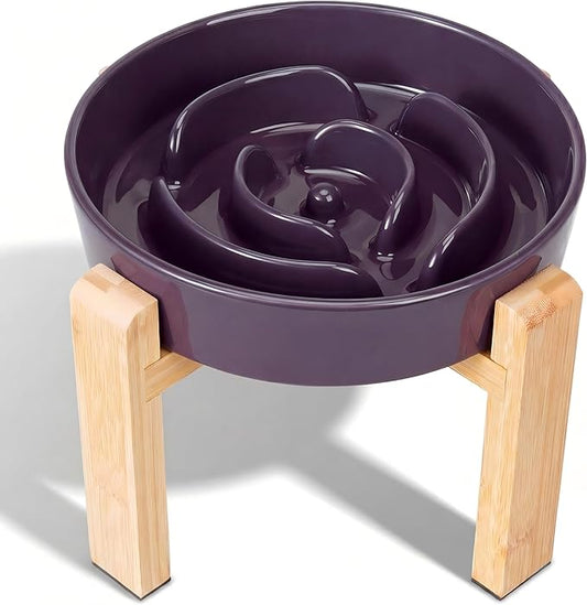 Elevated Slow Feeder Dog Bowl Large Breed, 8.8 Inch Ceramic Slow Eating Bowl with Bamboo Stand, Anti-Choking Raised Maze Design for Medium to Large Dogs, 3.2 Cup, Purple
