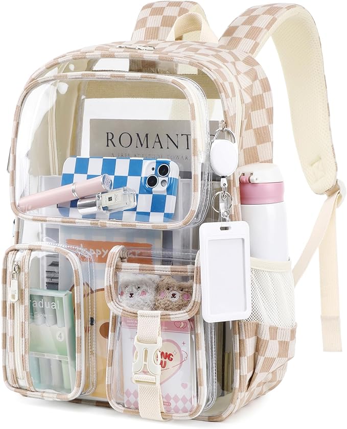 MUSEVOS Clear Backpack for School, Corduroy Heavy Duty Clear Bookbag for Girls Transparent Backpack with Badge Holder, Khaki