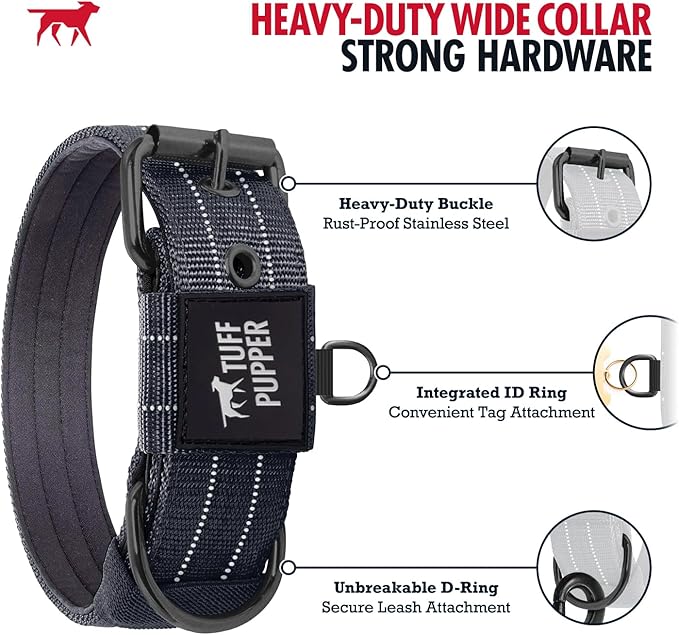 Tuff Pupper Heavy Duty Tactical Dog Collar | 1.25" Wide Ballistic Nylon | Reflective Stitching | Integrated ID Tag Holder | Stainless Steel Buckle | Padded Lining | Small & Medium Dogs (Black, Small)
