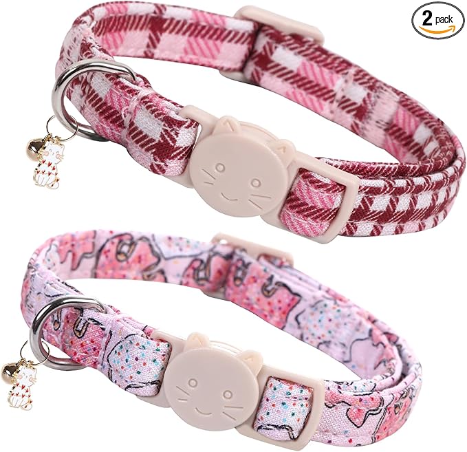 Elegant little tail 2 Pack Cat Collar-Pink Cotton Breakaway Cat Collars with Bell Pendant Kitten Boy Girl Safety Adjustable Collar for Small Cats Puppy