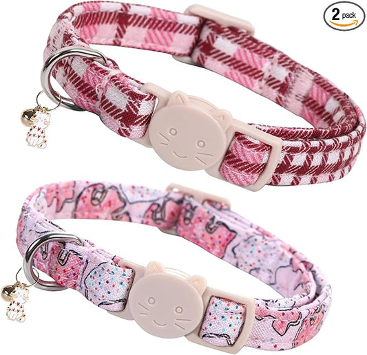 Elegant little tail 2 Pack Cat Collar-Pink Cotton Breakaway Cat Collars with Bell Pendant Kitten Boy Girl Safety Adjustable Collar for Small Cats Puppy